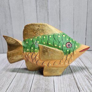 Vtg Wooden Carved Standing Fish Figurine Sculpture Statue 8'' Long Green Gold